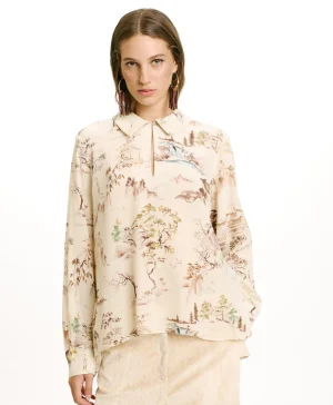 Momoni BLUSA SACHI IN CREPE DE CHINE STAMPATO- Crema/Tabacco New