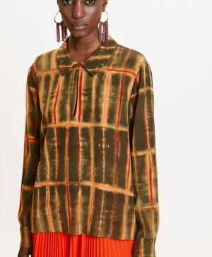 Momoni BLUSA SACHI IN CREPE DE CHINE STAMPATO- Kaki/Arancione Store