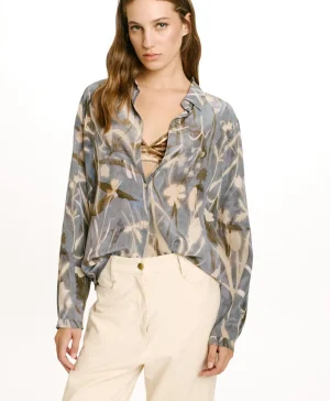 Momoni CAMICIA MEUDON IN CREPE DE CHINE STAMPATO-BLU POLVERE/CREMA BluPolvere/Crema Flash Sale