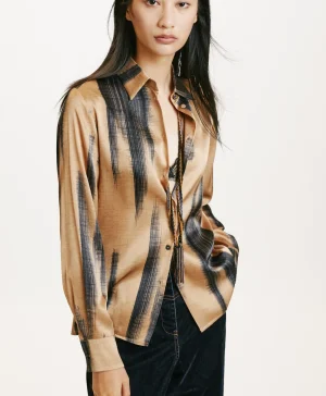 Momoni CAMICIA SIMON IN RASO STRETCH STAMPATO- Oro/Blu Fashion