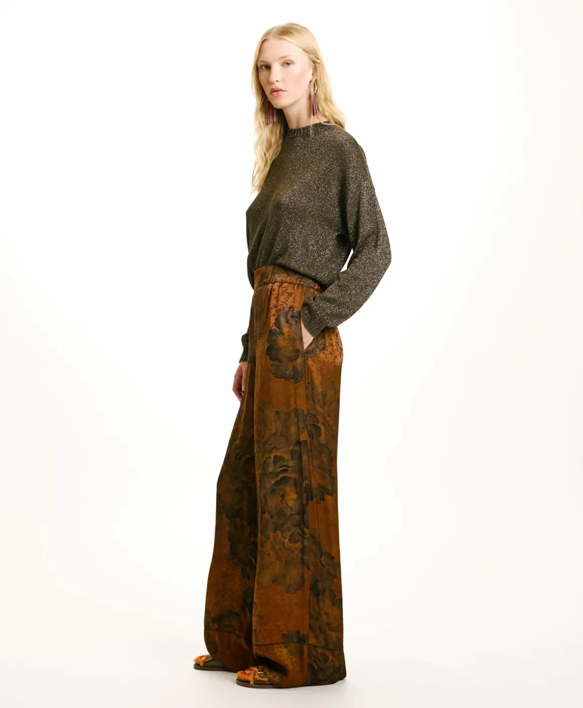 Momoni PANTALONI DAIKI IN VISCOSA JACQUARD STAMPATA- Tabacco/Oliva Store