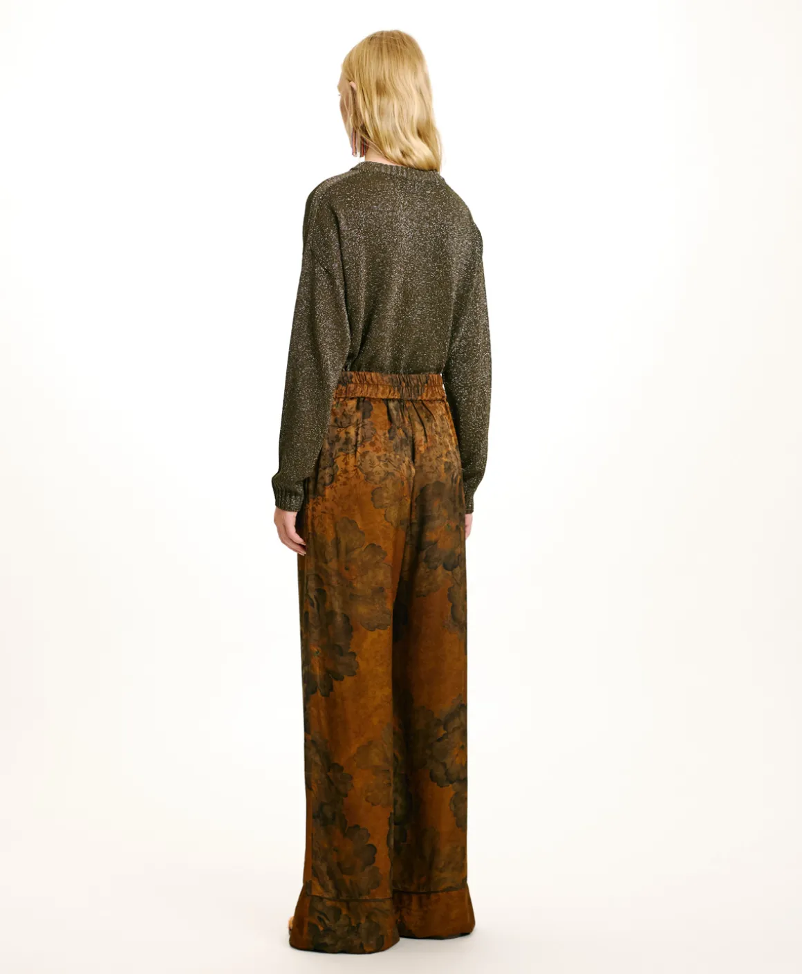 Momoni PANTALONI DAIKI IN VISCOSA JACQUARD STAMPATA- Tabacco/Oliva Store