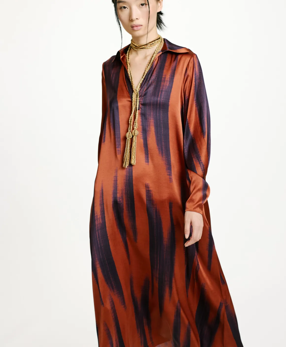 Momoni VESTITO KIKYO IN RASO STRETCH STAMPATO- Ruggine/Inchiostro Fashion