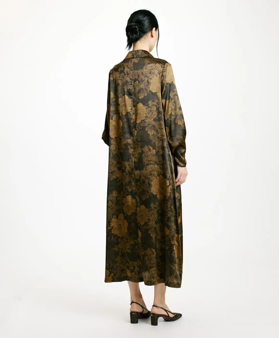 Momoni VESTITO KIKYO IN RASO STRETCH STAMPATO- Nero/Oliva Clearance