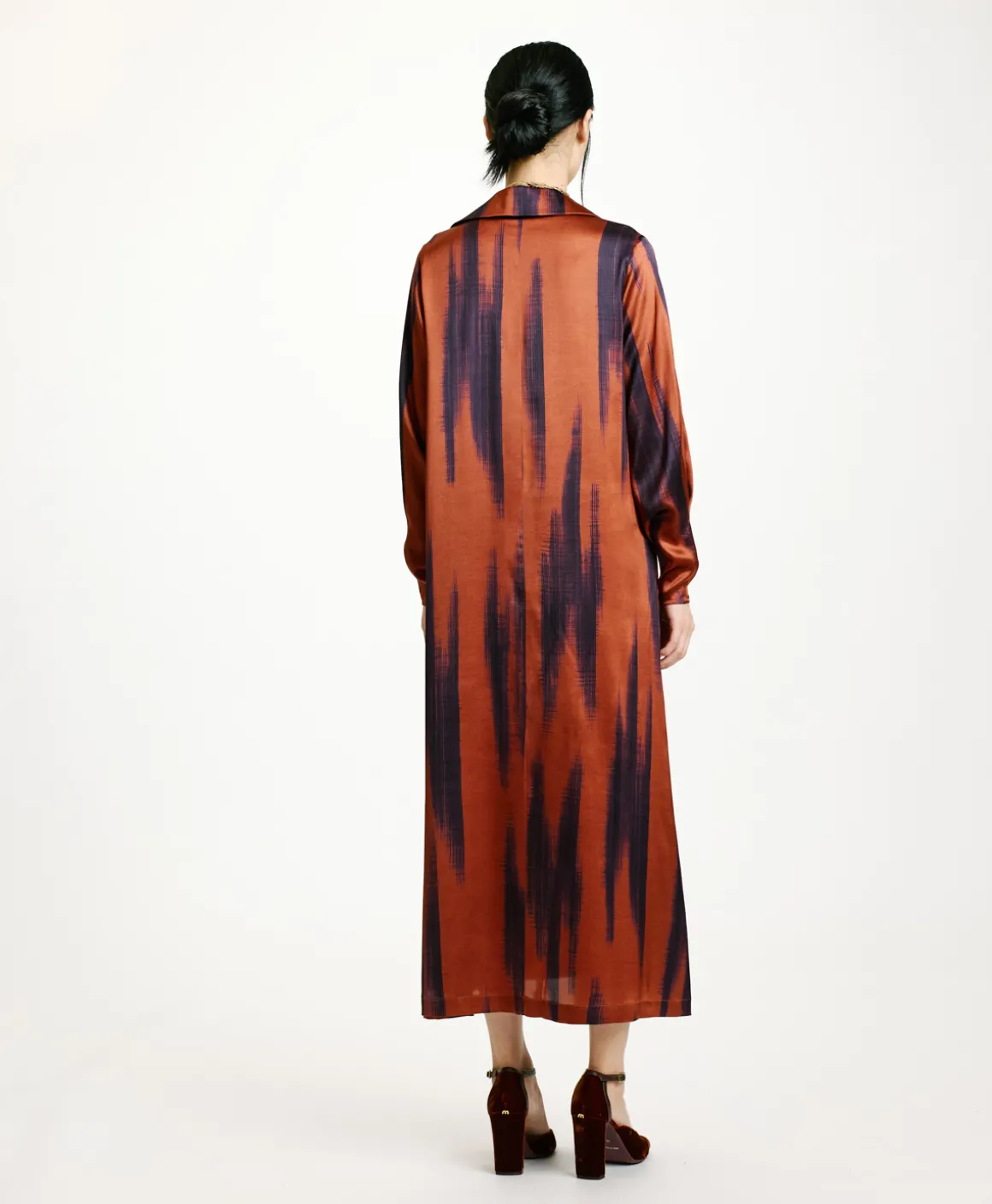 Momoni VESTITO KIKYO IN RASO STRETCH STAMPATO- Ruggine/Inchiostro Fashion