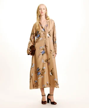 Momoni VESTITO YUI IN TWILL DI SETA STAMPATO- Tabacco/Bluette Clearance